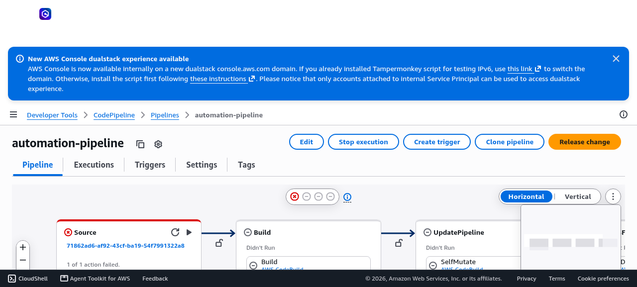 The flat Autopilot pipeline in the CodePipeline console: Source → Build → UpdatePipeline → deploy